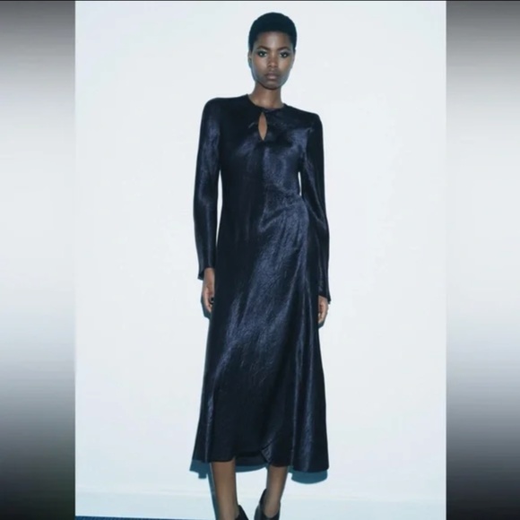 Deep Blue Satin Effect Long Sleeve Midi Wrap Dress - Picture 2 of 3